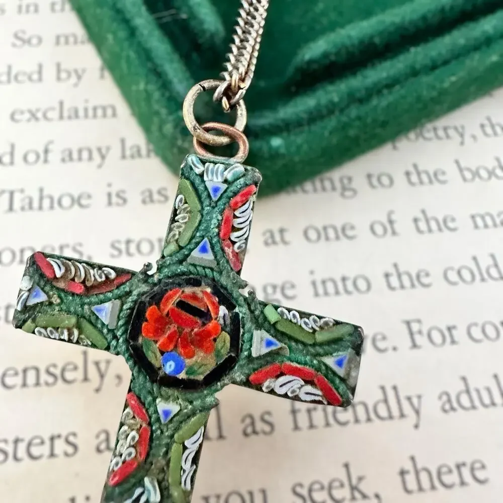 Vintage Italian Micro Mosaic Cross Pendant Necklace Italy Rose Floral 24” - Picture 4 of 7